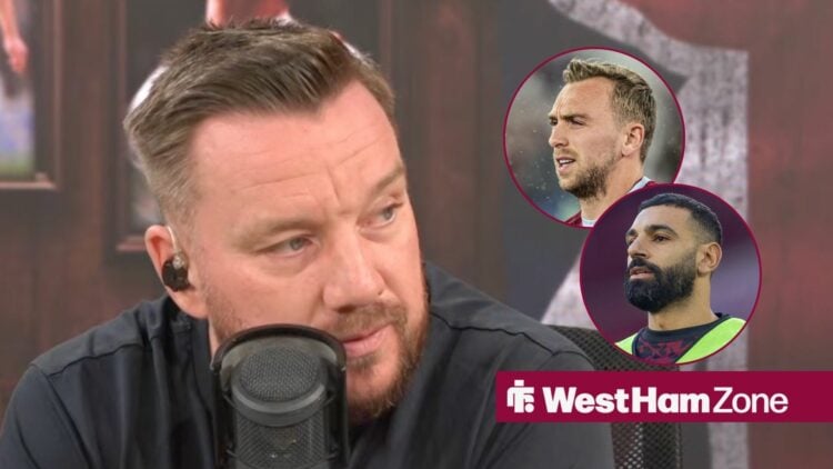 Jamie O'Hara alongside circle insets of Jarrod Bowen and Mohamed Salah.