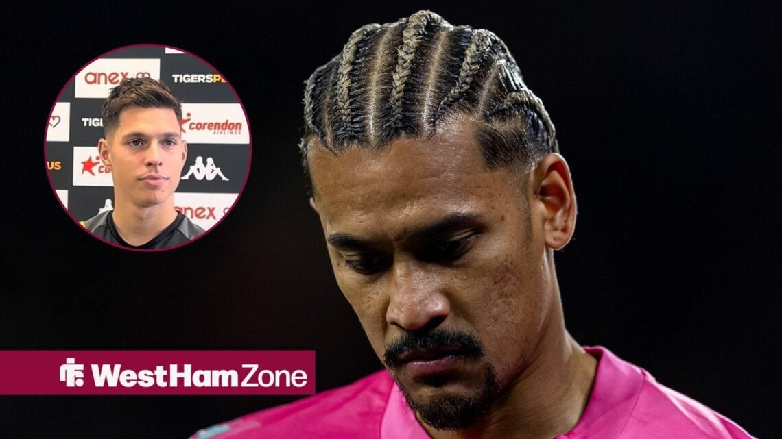 Alphonse Areola looking dejected for West Ham with Ivor Pandur in circular inset