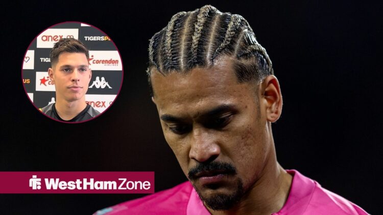 Alphonse Areola looking dejected for West Ham with Ivor Pandur in circular inset