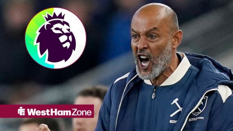 Liverpool, England, 29th September 2025. Nuno Espirito Santo manager of West Ham United celebrates his side s goal to make it 1-1 during the Everto...