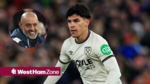 Mateus Fernandes in action for West Ham with Nuno Espirito Santo smiling in circular inset