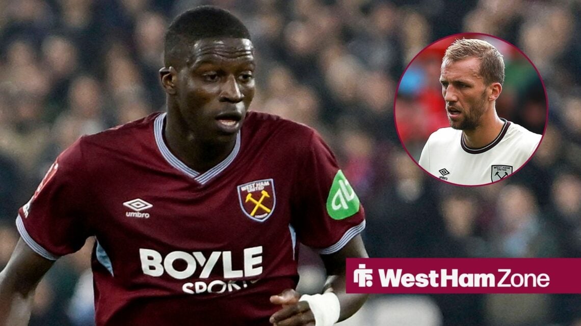 Mohamadou Kante playing for West Ham looking towards Tomas Soucek looking annoyed while playing for West Ham