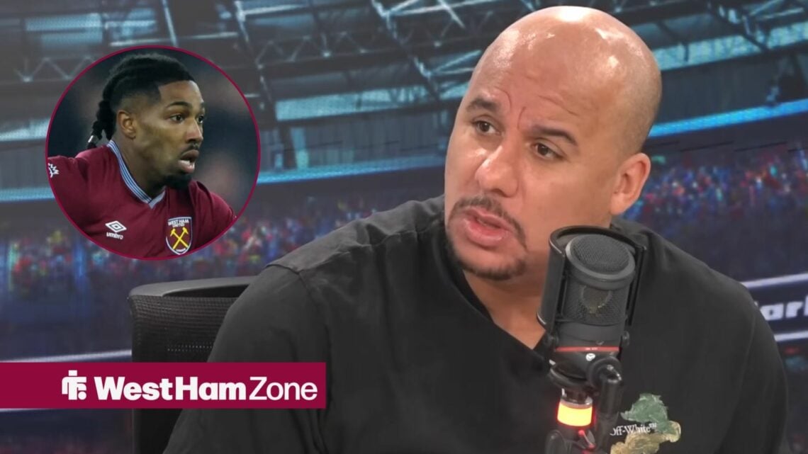 Gabby Agbonlahor speaking on talkSPORT looking towards a circle inset of Adama Traore playing for West Ham