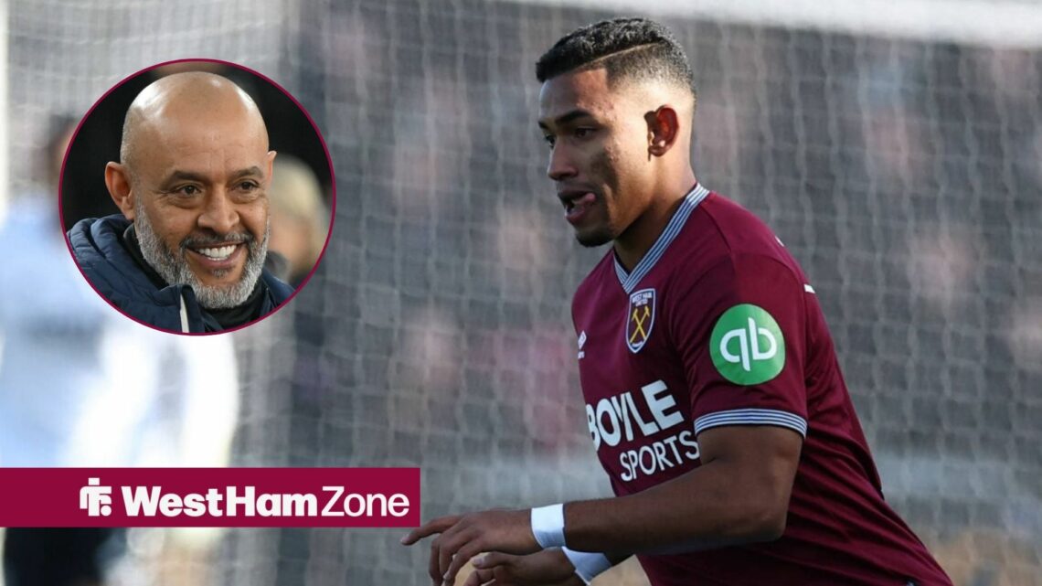 West Ham forward Keiber Lamadrid in action against Burton Albion in the FA Cup, alongside an inset of a smiling Nuno Espirito Santo (top left)