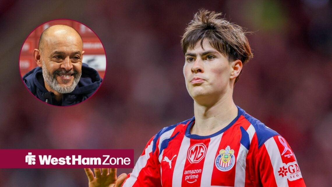 Chivas striker Armando Gonzalez raises his hand during a match, alongside an inset of a smiling Nuno Espirito Santo (top left)