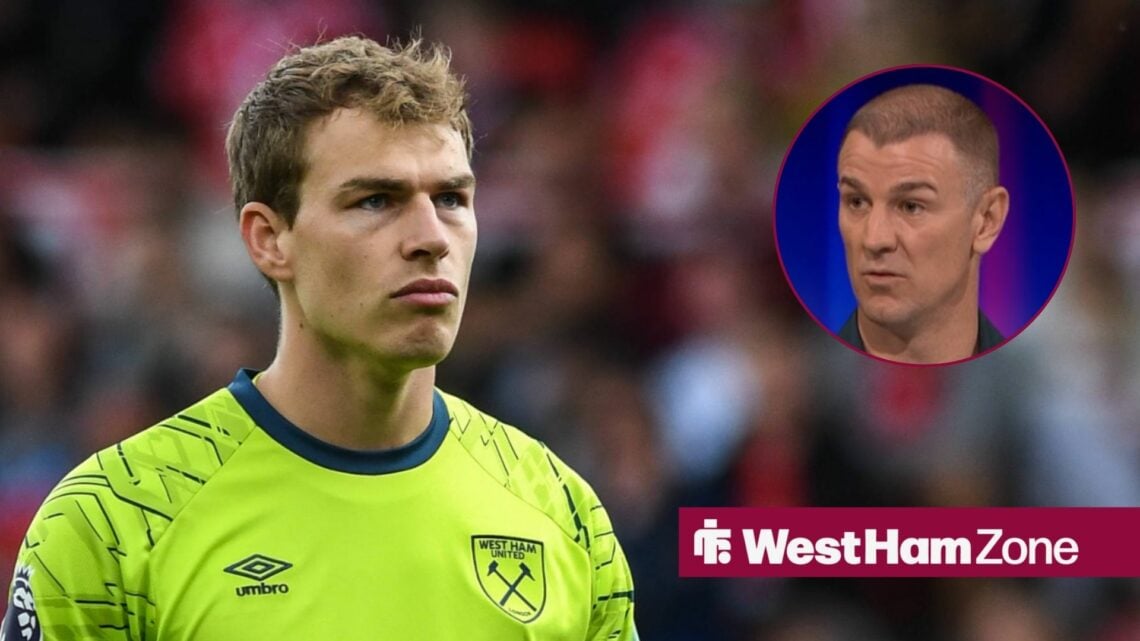 West Ham goalkeeper Mads Hermansen looks dejected during a match, alongside a circular inset of Joe Hart on punditry duties on Match of the Day (to...