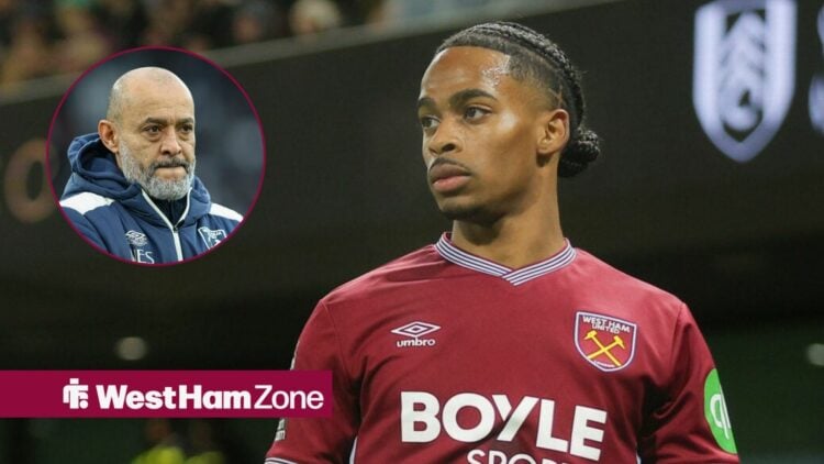 West Ham forward Crysencio Summerville looks on during a match, alongside a circular inset of worried head coach Nuno Espirito Santo (top left)