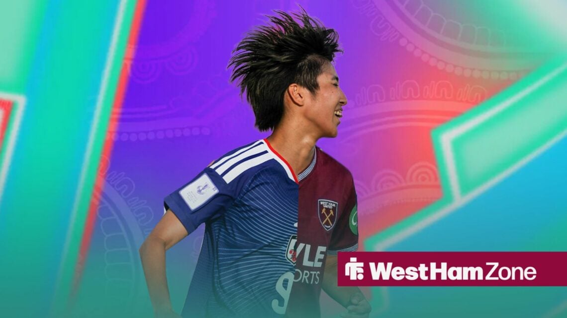 Riko Ueki celebrates scoring in a half Japan, half West Ham shirt