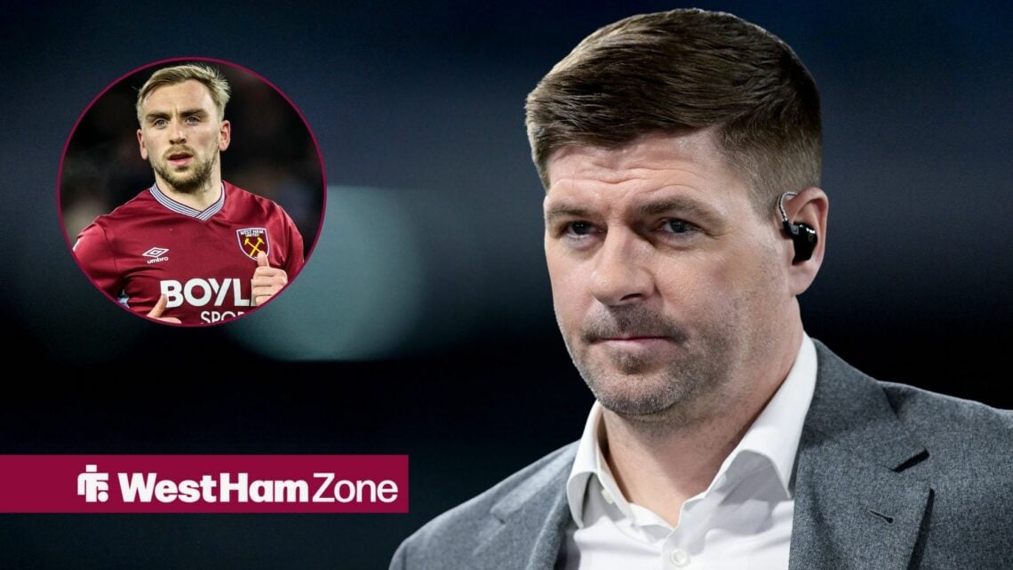Steven Gerrard looking annoyed towards a circle inset Jarrod Bowen playing for West Ham