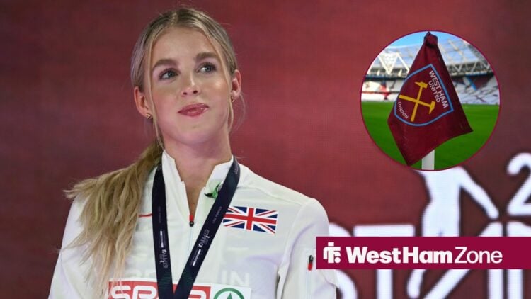 Keely Hodgkinson at the 2023 European Indoor Championships in Istanbul looking towards a circle inset of the London Stadium
