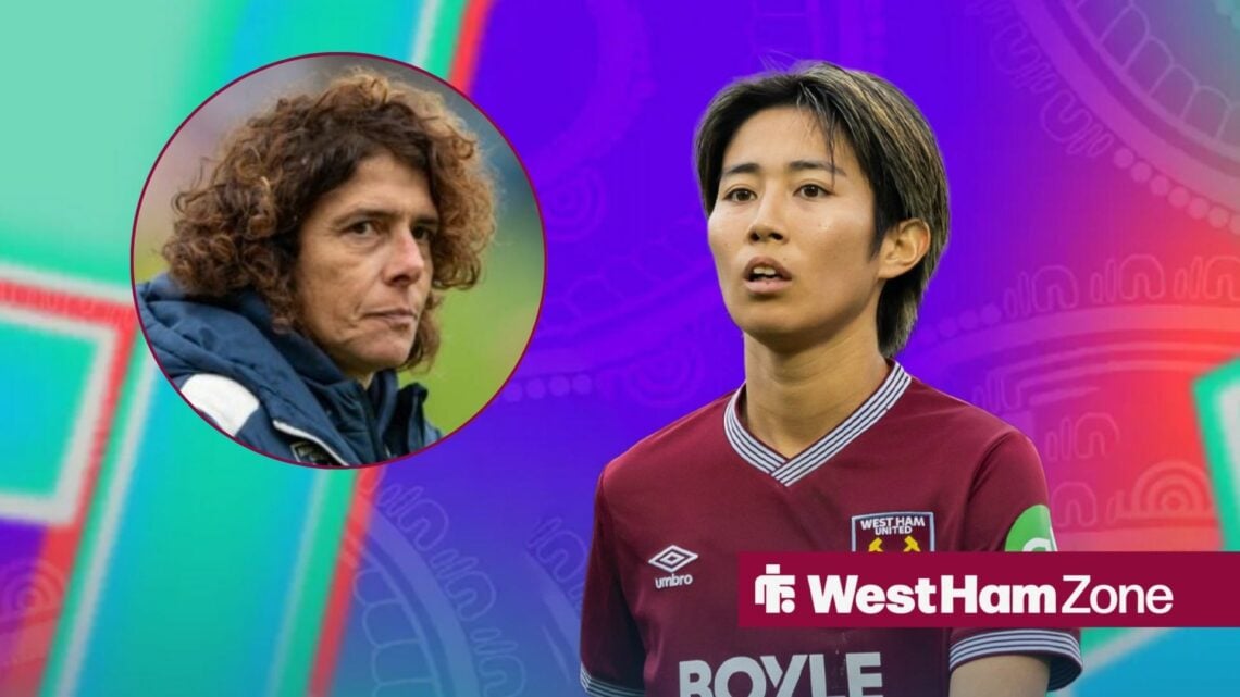 Rita Guarino looks concerned (inset), with Japan and West Ham star Riko Ueki