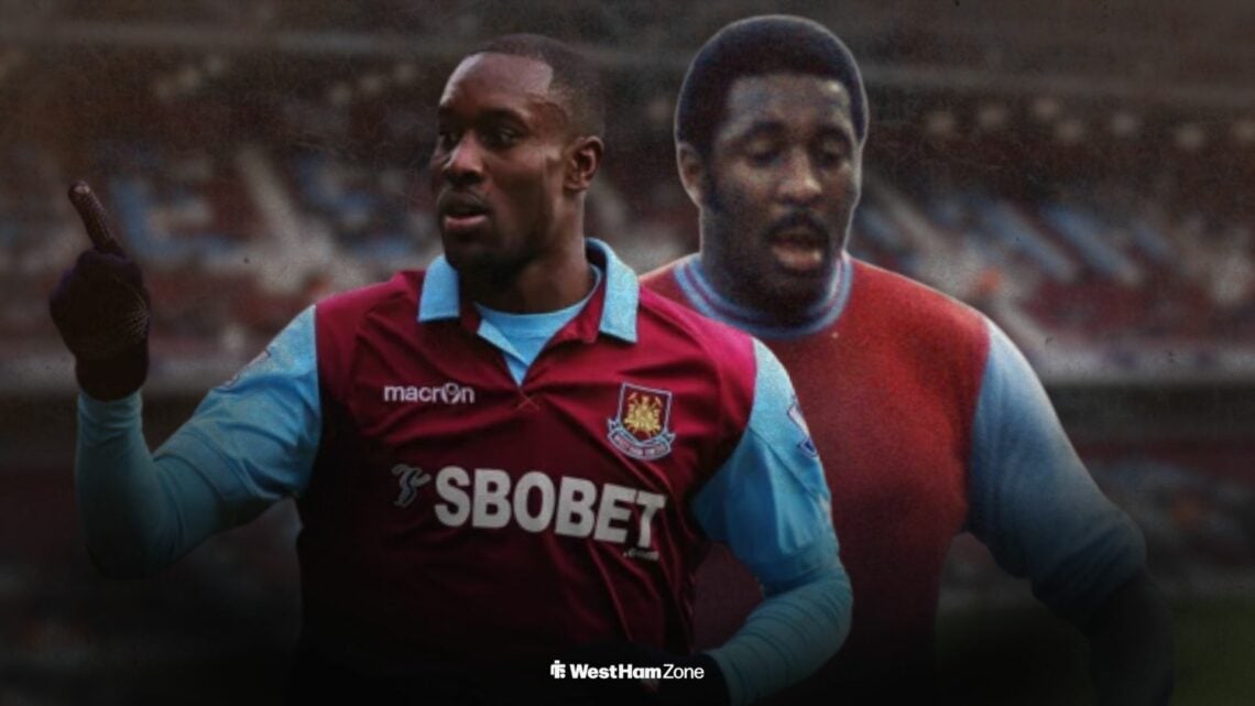 Carlton Cole celebrating for West Ham alongside Clyde Best playing for West Ham