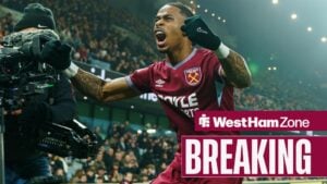 Crysencio Summerville celebrating in a West Ham kit.