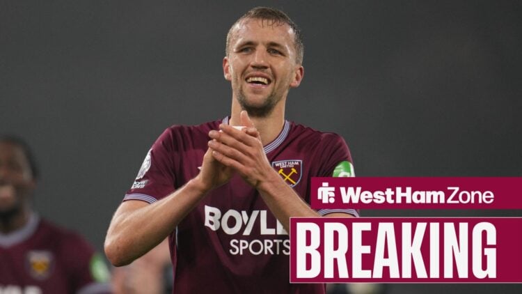 Tomas Soucek in a West Ham shirt smiling.