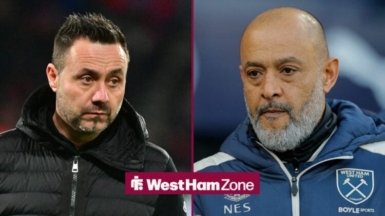 Roberto De Zerbi (left) looks on from the touchline, alongside a straight-faced Nuno Espirito Santo (right)