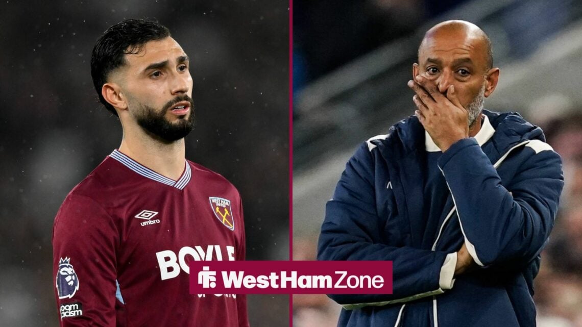 Taty Castellanos playing for West Ham vs Bournemouth with Nuno Espirito Santo looking stressed