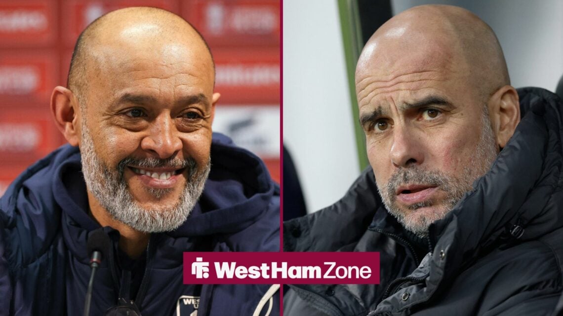 Nuno Espirito Santo smiling alongside a bewildered Pep Guardiola.