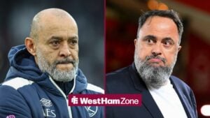 Nottingham Forest owner Evangelos Marinakis looking in the direction of West Ham manager Nuno Espirito Santo.