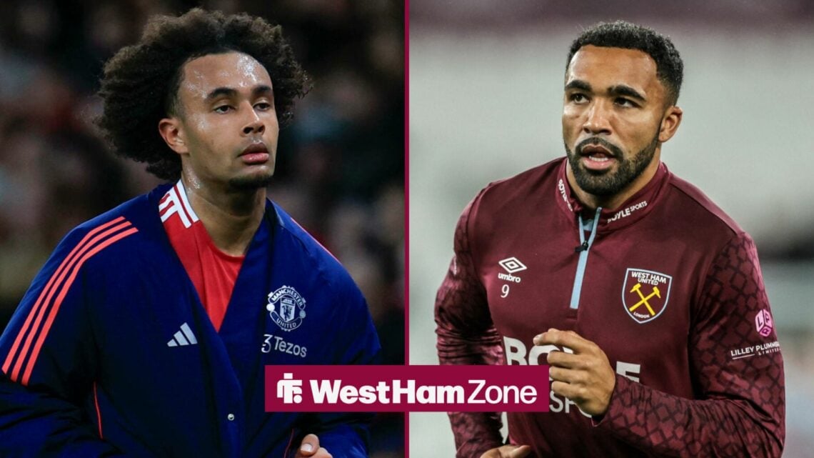 Joshua Zirkzee in Manchester United training gear during a Premier League match, next to Callum Wilson who is in West Ham's training gear while war...