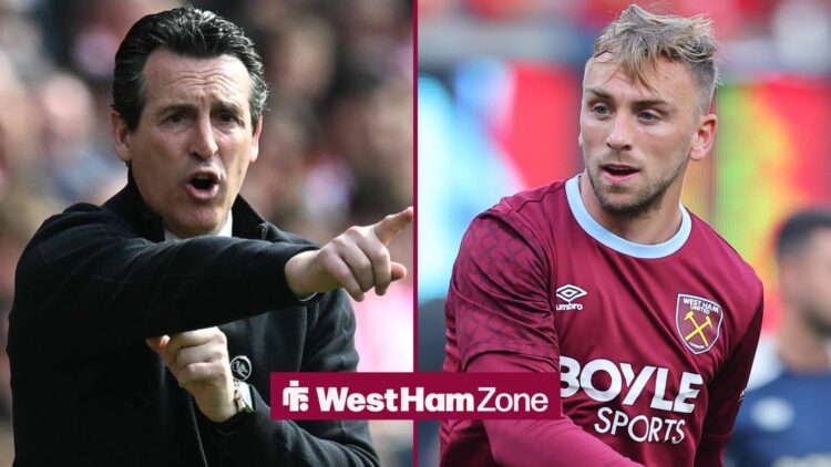 Aston Villa manager Unai Emery pointing with EAST RUTHERFORD, NJ - JULY 26: Jarrod Bowen 20 of West Ham United warms up prior to the Premier League...