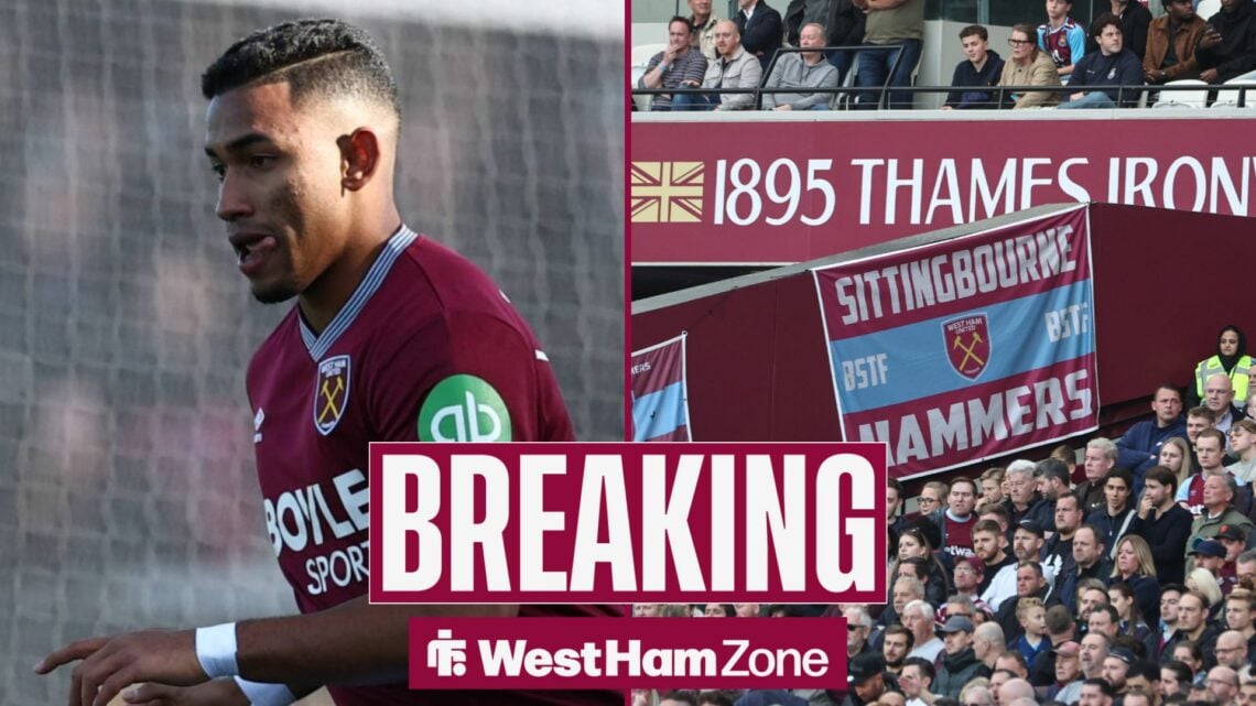 Keiber Lamadrid playing for West Ham in an FA Cup game against Burton Albion in 50:50 image next to West Ham fans.