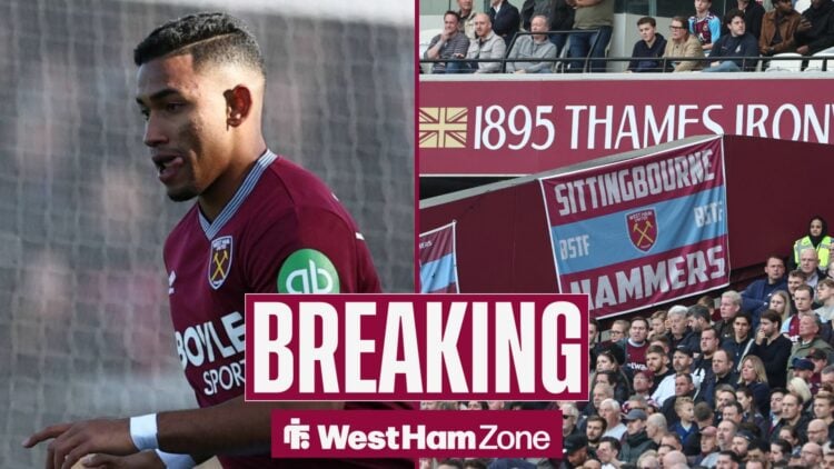 Keiber Lamadrid playing for West Ham in an FA Cup game against Burton Albion in 50:50 image next to West Ham fans.