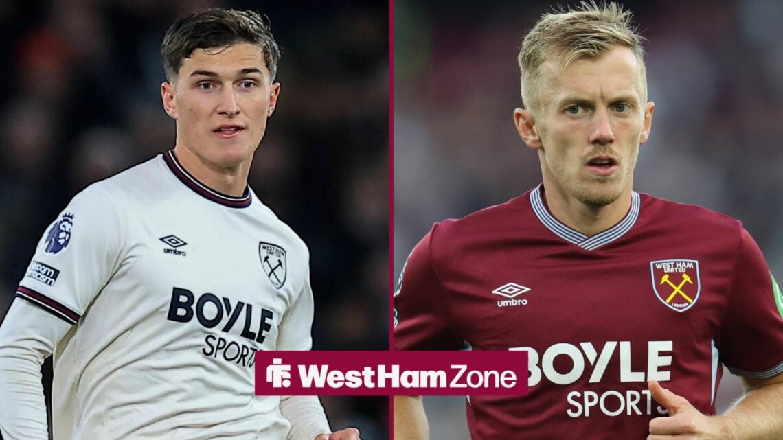 Freddie Potts 32 of West Ham United runs with the ball during the Premier League match between Manchester United and West Ham United at Old Traffor...