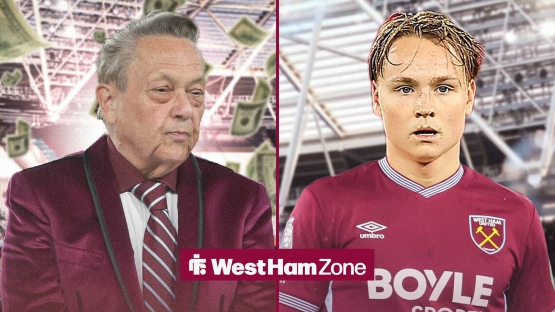 West Ham owner David Sullivan looking in the direction of Andreas Schjelderup in a West Ham shirt.