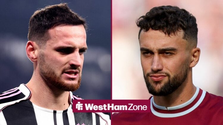 Federico Gatti in action for Juventus alongside Max Kilman for West Ham