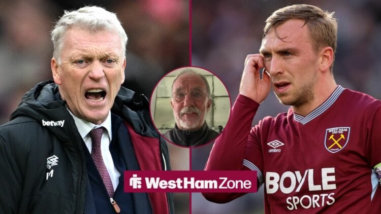 David Moyes shouting as West Ham manager looking towards Jarrod Bowen playing for West Ham looking towards a circle inset of Mark Lawrenson speakin...