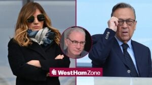 West Ham owners Karen Brady and David Sullivan looking unhappy from the stands at the London Stadium as football finance expert Kieran Maguire lies inbetween them in small circular inset.
