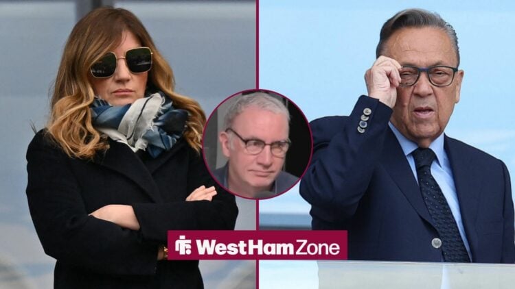 West Ham owners Karen Brady and David Sullivan looking unhappy from the stands at the London Stadium as football finance expert Kieran Maguire lies...