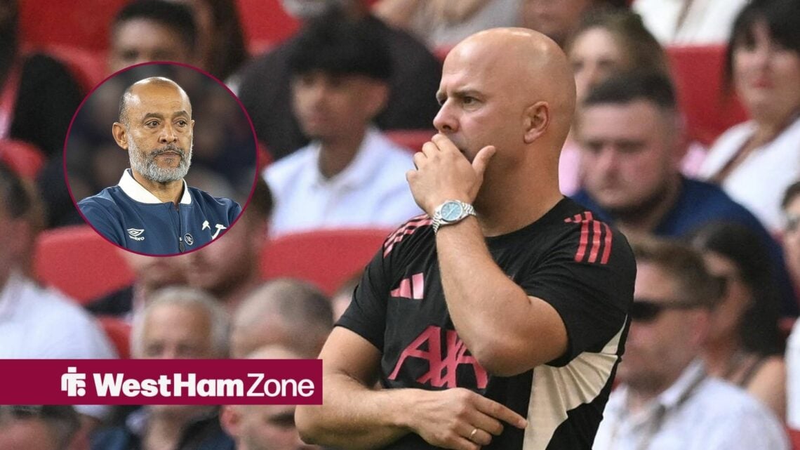 Liverpool manager Arne Slot looks confused on the sidelines at Anfield, Nuno Espirito Santo manager of West Ham United against Brentford.