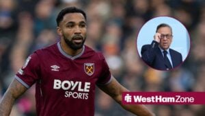 Callum Wilson of West Ham United during the Premier League match between West Ham United and Liverpool, David Sullivan in inset.