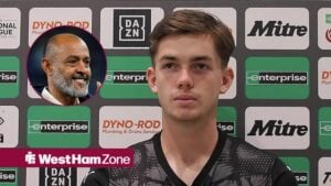 Finlay Herrick doing an interview at Boreham Wood, West Ham boss Nuno Espirito Santo looking happy in inset.
