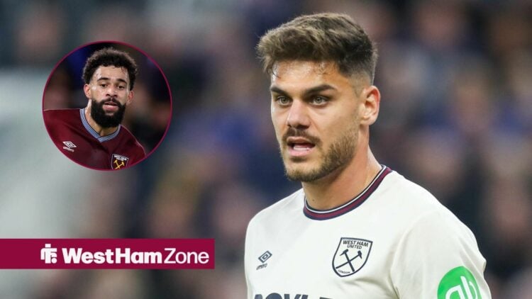 Pablo Felipe of West Ham during the Chelsea vs West Ham United Premier League match, Konstantinos Mavropanos in action for West Ham.