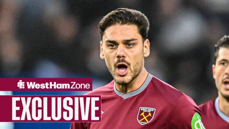 Konstantinos Mavropanos of West Ham plays during a Premier League match.