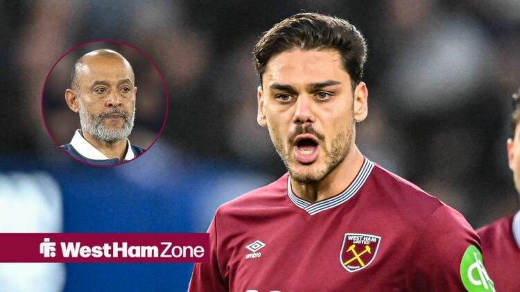 Konstantinos Mavropanos of West Ham plays during the Premier League match against Brighton and Hove Albion, Nuno Espirito Santo looking frustrated ...