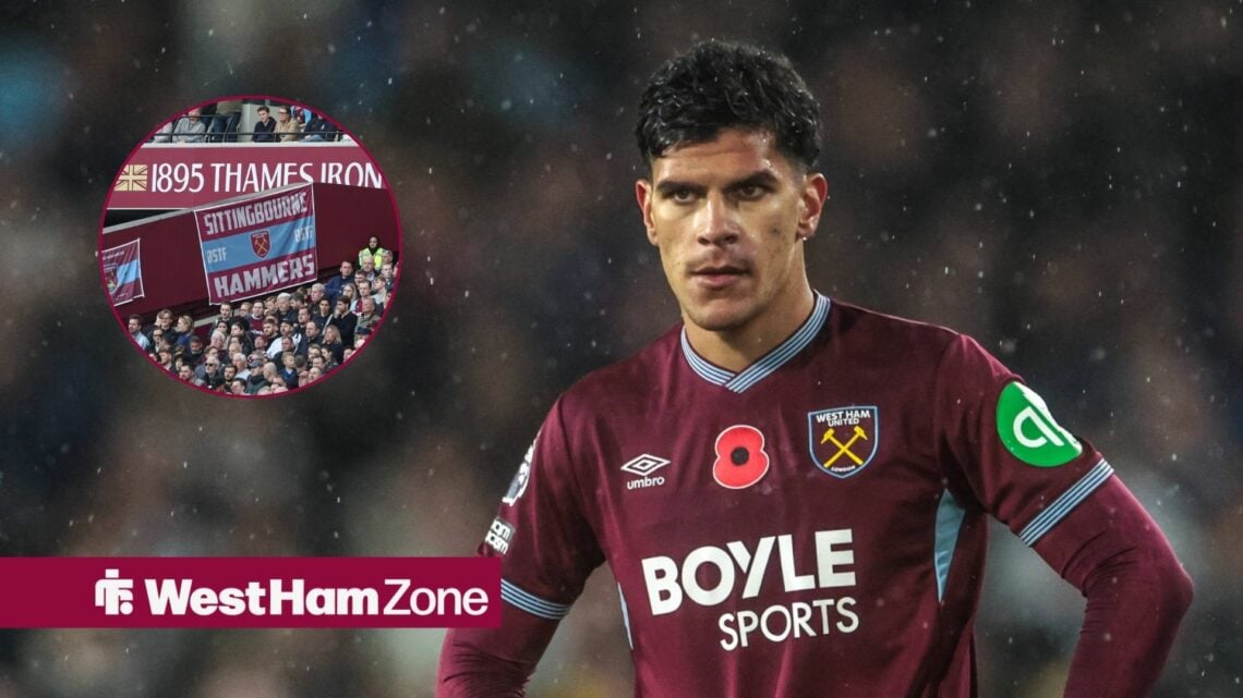 Mateus Fernandes of West Ham United during the Premier League match with Leeds United, Hammers fans in inset.