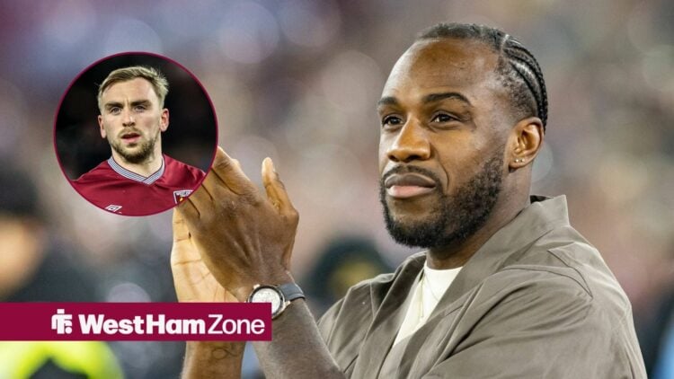 arrod Bowen of West Ham United during the Premier League match Wolves, ex-West Ham forward Michail Antonio clapping.