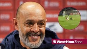 Nuno Espirito Santo smiles in the post-match press conference after West Ham vs QPR, Josh Landers scoring against Boreham Wood.