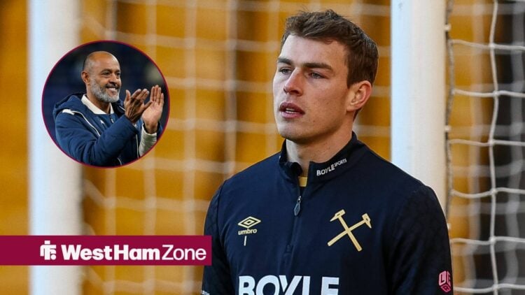 Mads Hermansen of West Ham United warms up during the Premier League match between Wolverhampton Wanderers and West Ham United, Nuno Espirito Santo...