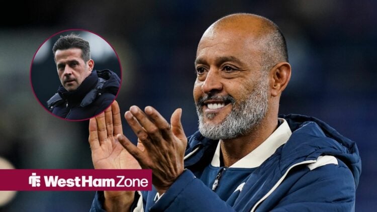 West Ham boss Nuno Espirito Santo smiling, Marco Silva looking angry in inset.