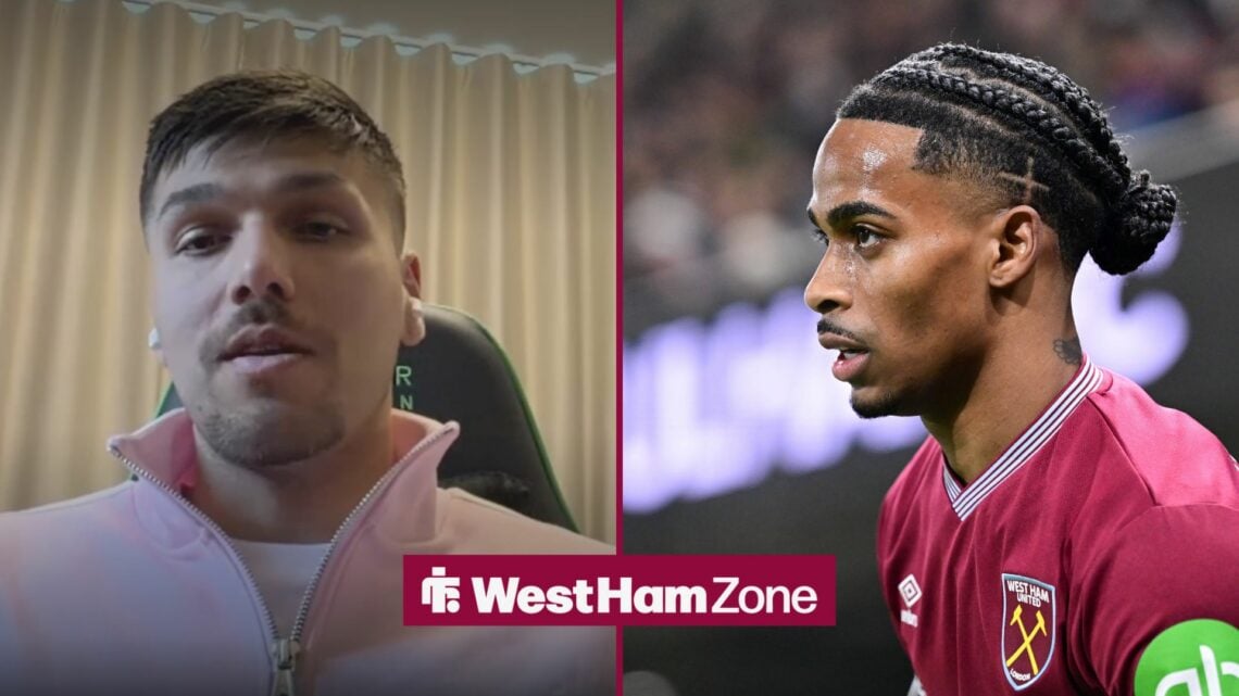 Joel Piroe speaking in an interview, with Crysencio Summerville alongside him