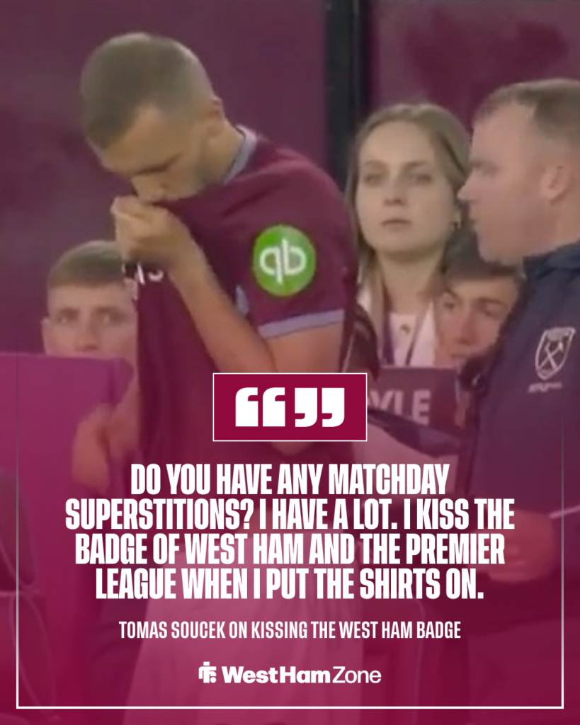 Tomas Soucek kissing West Ham badge
