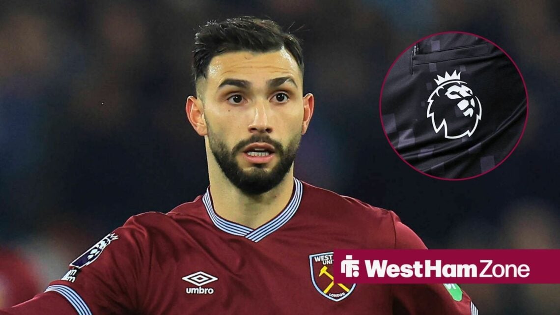 West Ham United striker Taty Castellanos and Premier League badge in circular inset