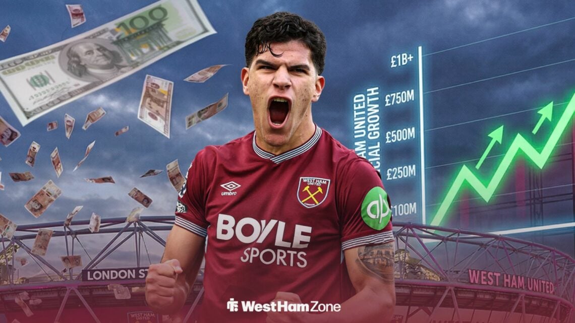 West Ham star Mateus Fernandes with money raining down and a graphic going up.