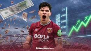 West Ham star Mateus Fernandes with money raining down and a graphic going up.