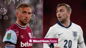 Jarrod Bowen in action for West Ham on the left, and in action for England on the right