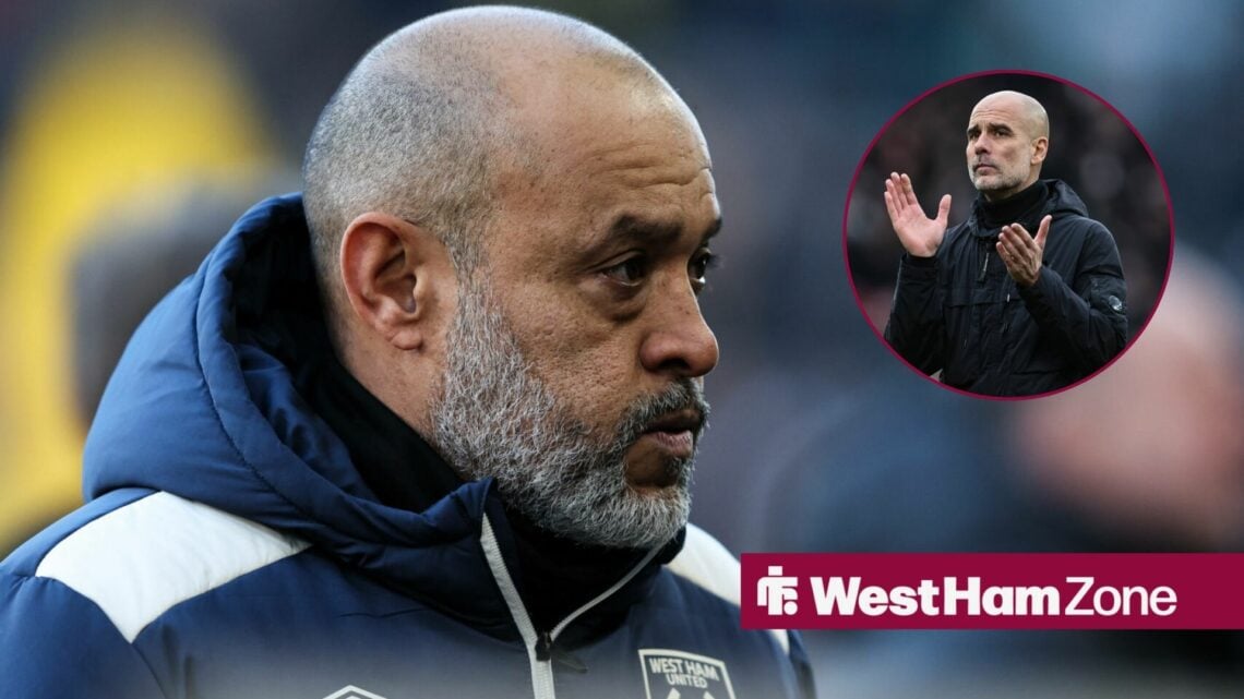 Nuno Espirito Santo looking unhappy, looking at a circular inset of Pep Guardiola.